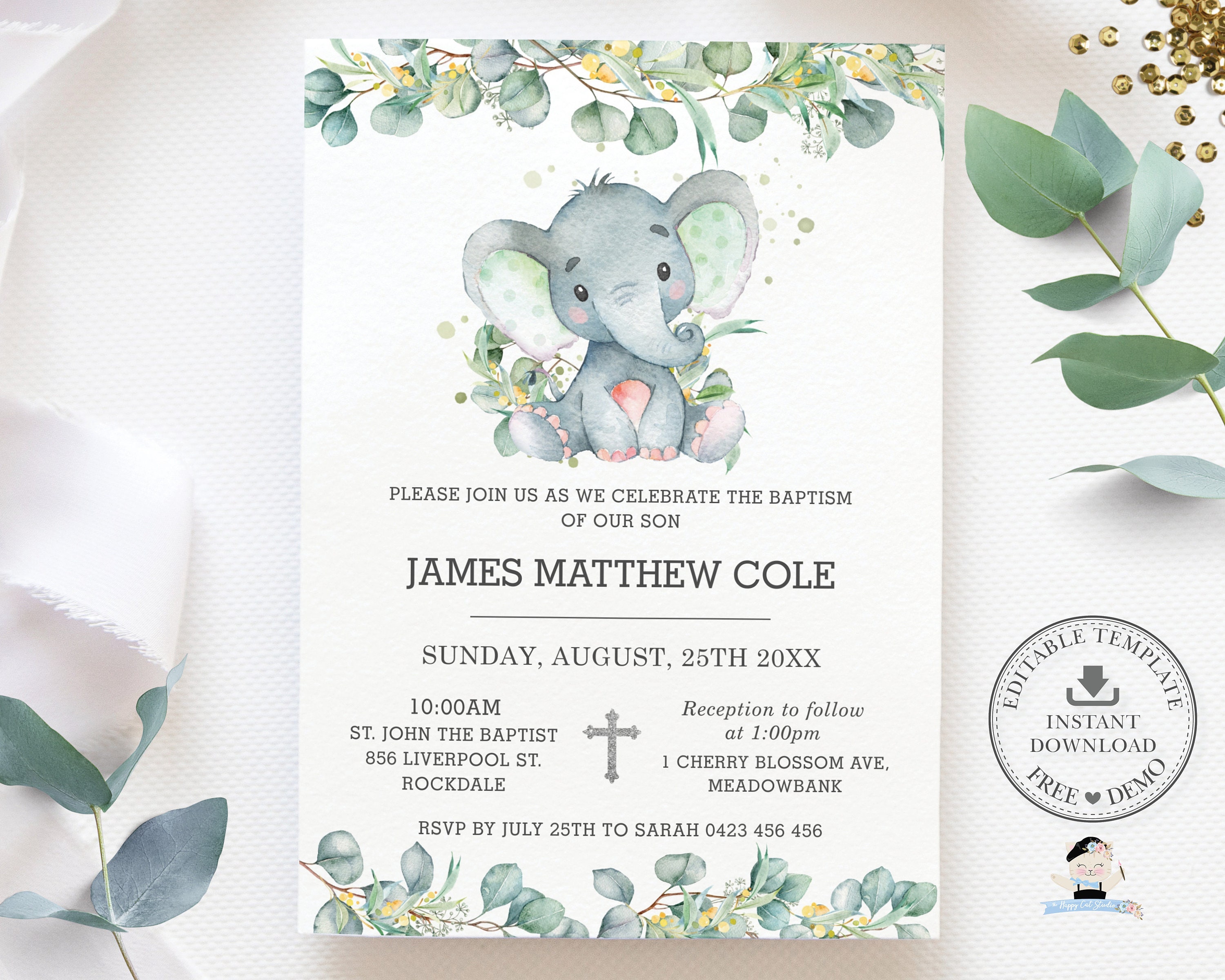 Jungle Safari Baptism Invitation Greenery Gold Baptism Invitation Boy