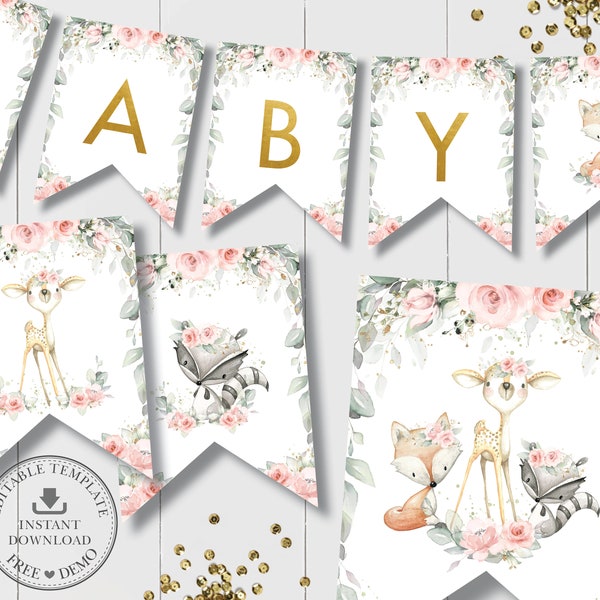 Woodland Animals Flag Banner, EDITABLE TEMPLATE, Pink Floral Greenery Bunting Baby Shower Birthday Decor Printable, INSTANT Download, WG10