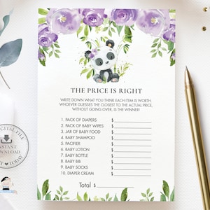 De prijs is goed spel INSTANT DOWNLOAD Paars Bloemen Schattig Panda Beer Baby Douche Guess Prijzen Quiz Card Fun Activity Diy Printable PA3