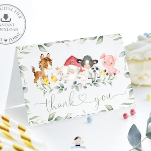 Boerderijdieren gevouwen tent bedankkaart, INSTANT DOWNLOAD, Chic Greenery Barnyard Party afdrukbare pdf, neutrale babyshower 1e verjaardag, BY5