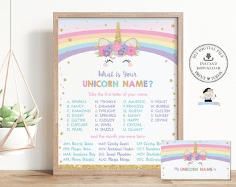 What is your Unicorn Name Game Sign Name Card, Cute Rainbow Unicorn Fun Birthday Party Game Activity, Gold Glitter, INSTANT DOWNLOAD, RU1