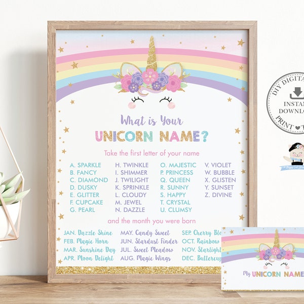 What is your Unicorn Name Game Sign Name Card, Cute Rainbow Unicorn Fun Birthday Party Game Activity, Gold Glitter, INSTANT DOWNLOAD, RU1