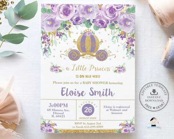 Princess Carriage Purple Floral Invitation, EDITABLE TEMPLATE, Instant Download, Chic Pumpkin Carriage Baby Shower Invite, Gold Glitter, PU3 Il_570xn