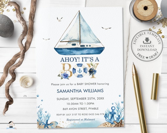 Nautical Ahoy It's a Boy Baby Shower Invitation, EDITABLE TEMPLATE, Chic Boat Ocean Marine Blue and Gold Printable, INSTANT Download, NT2 Il_570xn