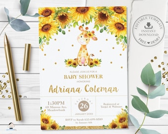 Giraffe Sunflower Invitation, EDITABLE TEMPLATE, Instant Download, Giraffe Baby Shower Invitation, Sunflower, Rustic, Yellow Floral, GF2