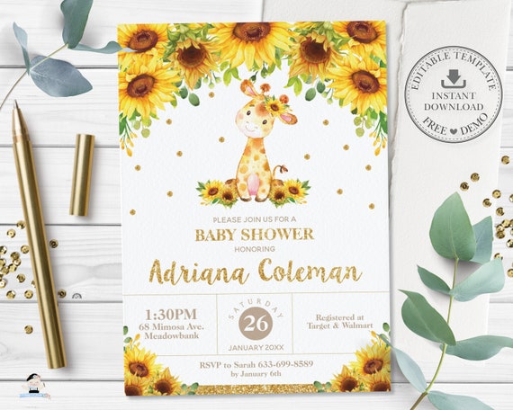 Giraffe Sunflower Invitation, EDITABLE TEMPLATE, Instant Download, Giraffe Baby Shower Invitation, Sunflower, Rustic, Yellow Floral, GF2 Il_570xn