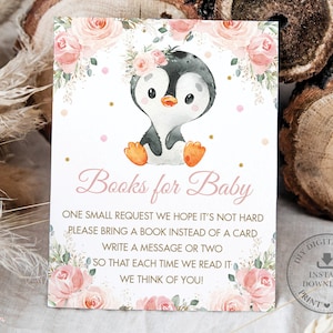 Mignon Penguin Livres pour Bébé Carte Chic Antarctique Hiver Pastel Blush Rose Floral Baby Girl Douche Apporter Livres Insert DIY TÉLÉCHARGEMENT INSTANTANÉ PN1