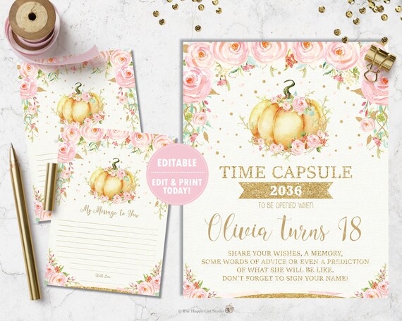 Pumpkin Time Capsule and Message Card, 1st Birthday Party, Pumpkin Printable, Watercolor Floral, First, Autumn, Fall, Pink, Gold, Roses LP1 Il_570xn