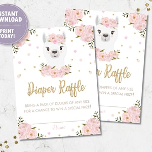 Diaper Raffle, INSTANT DOWNLOAD, Llama Baby Shower Diaper Raffle Ticket Insert Card, Pink Blush Floral Gold, Llama Printable, Digital, LM1 image 1