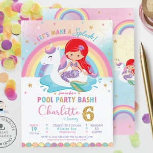 Pode incluir: Um convite rosa e azul com um arco-íris e estrelas. O convite diz "Let's Make a Splash!" e "Pool Party Bash!" com uma sereia montando um unicórnio. O convite é para a festa de aniversário de 6 anos da Charlotte.