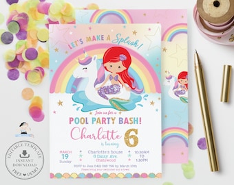 Invitación a la fiesta en la piscina de sirena y unicornio, PLANTILLA EDITABLE, lindo cumpleaños del lago Floatie del unicornio arcoíris invita a la feria del cabello rojo Descargar MU1