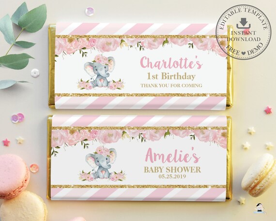personalised chocolate wrappers party bag favours favors ELEPHANT 1ST BIRTHDAY