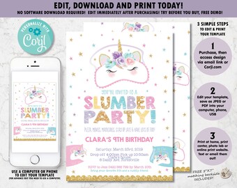 Unicorn Sleepover Invitation,  Unicorn Slumber Party Invite, Pajama Party Printable, Cute Unicorn Eye Mask, Digital EDITABLE TEMPLATE US2
