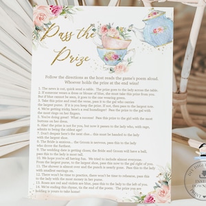 Bridal Shower Pass the Prize Game Printable, INSTANT DOWNLOAD, High Tea Party Pink Floral Blue Teapot Funny Fun Gift Rhyme Poem Activity TP5