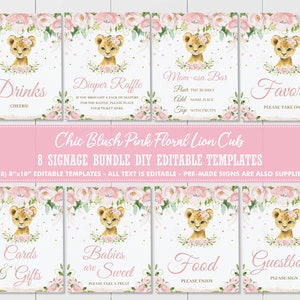 Lion Cub Pink Floral Greenery Tabletop Sign Bundle PLANTILLA EDITABLE, Jungle Girl Baby Shower Birthday Printable Signs, INSTANT Download LN2