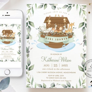 Noah&#39;s Ark Gender Neutral Baby Shower Invitation, EDITABLE TEMPLATE, Greenery Noahs Ark Cute Animals Invite Printable, INSTANT Download, NA1