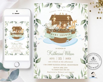 Noah's Ark Gender Neutral Baby Shower Invitation, EDITABLE TEMPLATE, Greenery Noahs Ark Cute Animals Invite Printable, INSTANT Download, NA1
