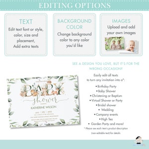 May include: A baby shower invitation with a woodland theme. The invitation features a green leafy background with a cute illustration of woodland animals forming the word "baby". The text "baby shower" is written in gold script font. The invitation also includes the name "Katherine Wilson" and the date "Aug 25 20XX".