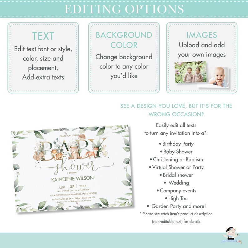 May include: A baby shower invitation with a woodland theme. The invitation features a green leafy background with a cute illustration of woodland animals forming the word "baby". The text "baby shower" is written in gold script font. The invitation also includes the name "Katherine Wilson" and the date "Aug 25 20XX".