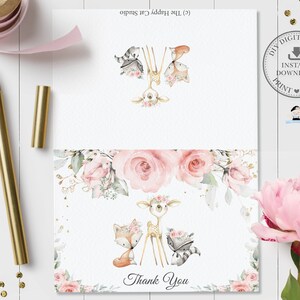 Waldtiere Gefaltetes Zelt Dankeschön Karte, SOFORTIGER DOWNLOAD, schicke süße rosa Blumen grün druckbar, Baby Shower Girl 1. Geburtstag, WG10