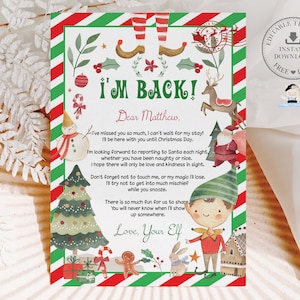 EDITABLE Carta de llegada de elfo Regreso Hola Estoy de vuelta Bienvenido Navidad Elfo Rojo Verde Lindo Niños caprichosos Plantilla imprimible Archivo digital CH1