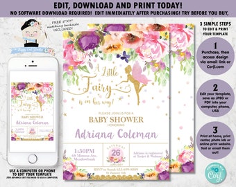 Fairy Invitation, Fairy Baby Shower Invitation, Pixie, Enchanted, Purple Floral, Fairy Printable, Baby Girl, EDITABLE TEMPLATE Download, FF2