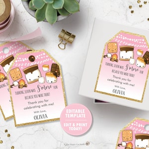 S&#39;mores Thank You Favor Tags, EDITABLE TEMPLATE, Cute Kawaii Smore Birthday Party Printable, Campfire Bonfire Outdoor, INSTANT Download, KW1