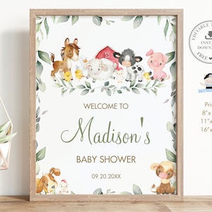 Niedliches Willkommensschild mit Bauernhoftieren im Grünen, EDITIERBARE VORLAGE, SOFORT-Download, schickes Barnyard-Babyparty-Poster zum 1. Geburtstag, Dekor im PDF-Format, BY5