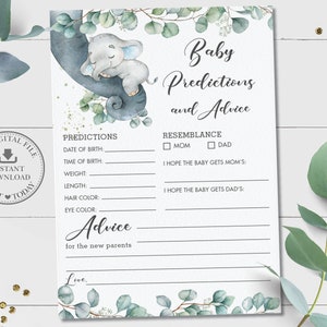 Baby Predictions and Advice Card, INSTANT DOWNLOAD, Greenery Cute Elephant Boy Neutral Baby Shower Game Activity, Diy PDF Imprimable, EP10