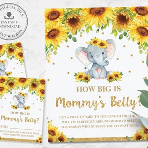 Quão grande é o cartão de sinalização da barriga da mamãe, DOWNLOAD INSTANTÂNEO, Rústico Chique Floral Girassol Elefante Chá de bebê Atividade de jogo DIY PDF para impressão, EP8