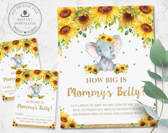 How Big is Mommy's Belly Sign Card, INSTANT DOWNLOAD, Rustic Chic Floral Sunflower Elephant Baby Shower Game Activity Diy PDF Printable, EP8