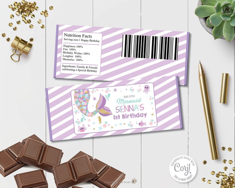 EDITABLE Mermaid Chocolate Wrappers, Mermaid Digital Printable, Mermaid Party Favors, 1st Birthday, Candy Bar Wrappers, Mermaid Tail, MT1 image 2