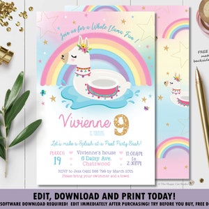 Llama Pool Party Invitation,  Rainbow Llama Pool Birthday Party Invite, Llama Printable, Cute Llama Floatie, Digital EDITABLE TEMPLATE, LF2