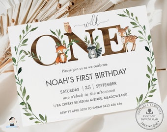 Rustic Greenery Woodland Animals ONE 1st Birthday Invitation Printable, EDITABLE TEMPLATE, Wood Wild One Neutral Boy Girl Forest Bear, WG7