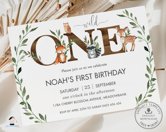 Rustic Greenery Woodland Animals ONE 1st Birthday Invitation Printable, EDITABLE TEMPLATE, Wood Wild One Neutral Boy Girl Forest Bear, WG7 Il_570xn