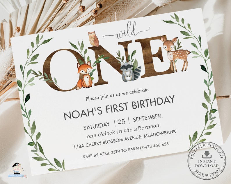 Rustic Greenery Woodland Animals ONE 1st Birthday Invitation Printable EDITABLE TEMPLATE Wood Wild One Neutral Boy Girl