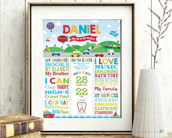 1st Birthday Milestones Sign, Transportation Printable, Automobile, Birth Stats Poster, First, One Year, Wall Art, Cars, Trucks, Plane, TR1 Il_570xn