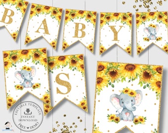 Elephant Flag Banner, EDITABLE TEMPLATE, Sunflower Floral Gold Glitter Bunting Baby Shower Birthday Decor Printable, INSTANT Download, EP8