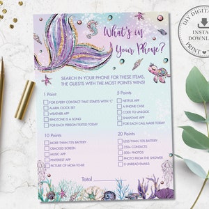 Mermaid What&#39;s In Your Phone Game, Mermaid Tail Baby Shower Activity, Baby Girl, Chic Purple Under the Sea Printable, INSTANT DOWNLOAD, MT2