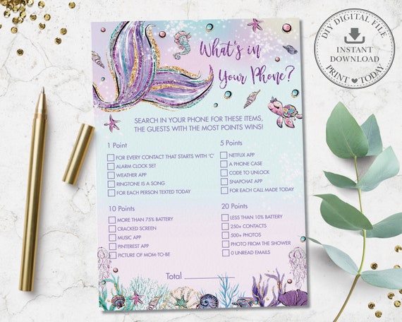 Mermaid What's In Your Phone Game, Mermaid Tail Baby Shower Activity, Baby Girl, Chic Purple Under the Sea Printable, INSTANT DOWNLOAD, MT2 Il_570xn