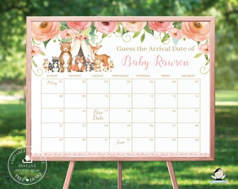 Guess Baby's Due Date Calendar Game, EDITABLE TEMPLATE, Woodland Animals Baby's Arrival Shower Game Sign Printable Birthday Prediction WG5