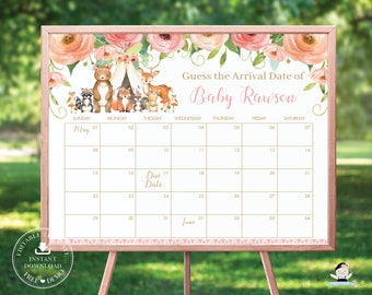Indovina la data di scadenza del bambino, gioco del calendario, modello modificabile, arrivo del bambino, animali del bosco, doccia, segno del gioco, predizione di compleanno stampabile WG5