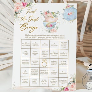 Tea Party Vind de gast Bingo Vrijgezellenfeest, INSTANT DOWNLOAD, Blush roze bloemen high tea ijsbreker activiteit diy pdf afdrukbare TP5