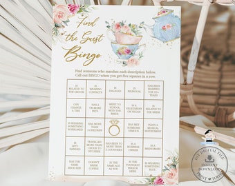 Tea Party Find the Guest Bingo Bridal Shower Game, INSTANT DOWNLOAD, Blush Pink Floral High Tea Icebreaker Activity Diy PDF Printable TP5