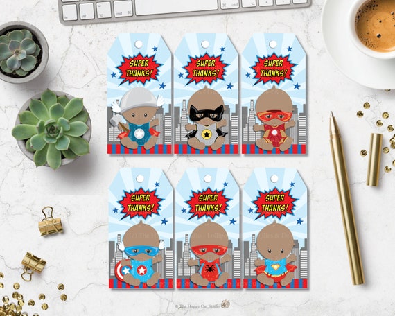 INSTANT DOWNLOAD, Superhero Thank You Tags, Favor, Gift Labels, African American, Superhero Party, Baby Shower Boy, 1st Birthday, Label S1 Il_570xn