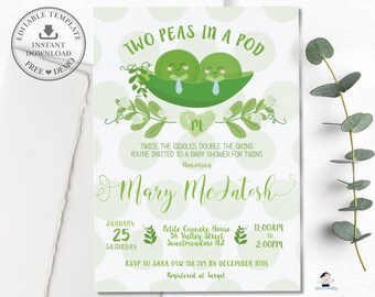 Two Peas in a Pod Baby Shower Invitation, Twin Boys Peas in a Pod Baby Shower Invite, Twins Boy Baby Shower, INSTANT EDITABLE TEMPLATE, TP1