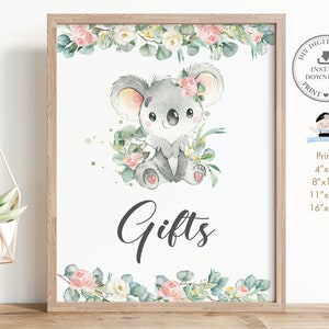 Geschenke Schild, SOFORTIGER DOWNLOAD, rosa Blumen Eukalyptus grün niedlich Koala Mädchen Baby Shower Geburtstag Tischdekoration Diy PDF Printable AU2