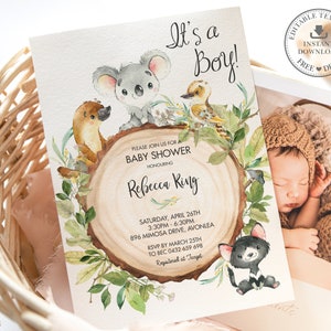 May include: It's a Boy! Baby shower invitation with a watercolor illustration of a koala, a platypus, a kookaburra, and a black cat. The invitation is decorated with green leaves and flowers. The text on the invitation reads: "It's a Boy!" "Please join us for a baby shower honoring Rebecca Ring" "Saturday, April 26th, 3:30pm - 6:30pm, 896 Mimosa Drive, Avonlea" "RSVP by March 25th to BEC 0432 659 698" "Registered at Target"