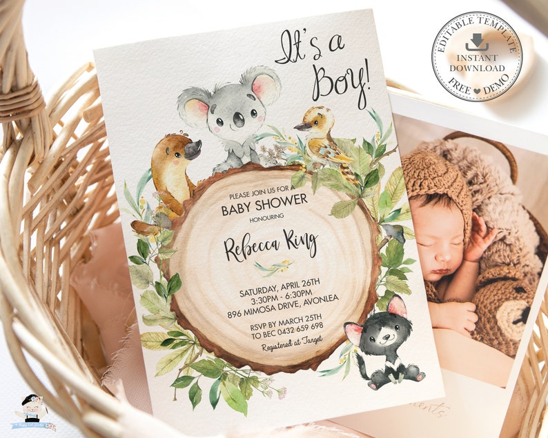 May include: It's a Boy! Baby shower invitation with a watercolor illustration of a koala, a platypus, a kookaburra, and a black cat. The invitation is decorated with green leaves and flowers. The text on the invitation reads: "It's a Boy!" "Please join us for a baby shower honoring Rebecca Ring" "Saturday, April 26th, 3:30pm - 6:30pm, 896 Mimosa Drive, Avonlea" "RSVP by March 25th to BEC 0432 659 698" "Registered at Target"