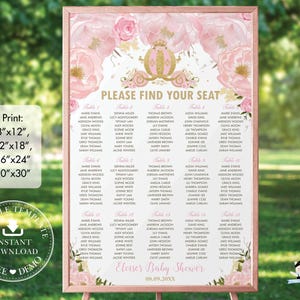 Roze bloemen prinses pompoen vervoer zitplaatsen grafiek teken afdrukbare BEWERKBARE SJABLOON bloemen meisje babyshower 1e verjaardag download PU2